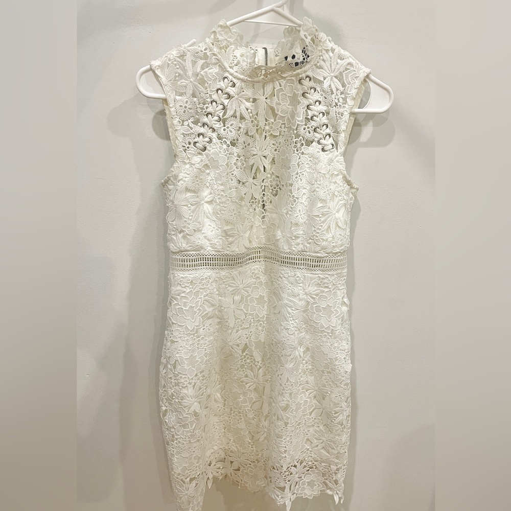 Bardot white lace midi dress with cutout